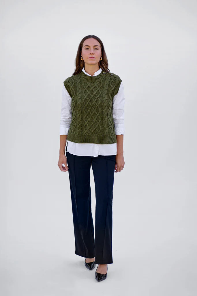 Cable Button Vest Khaki