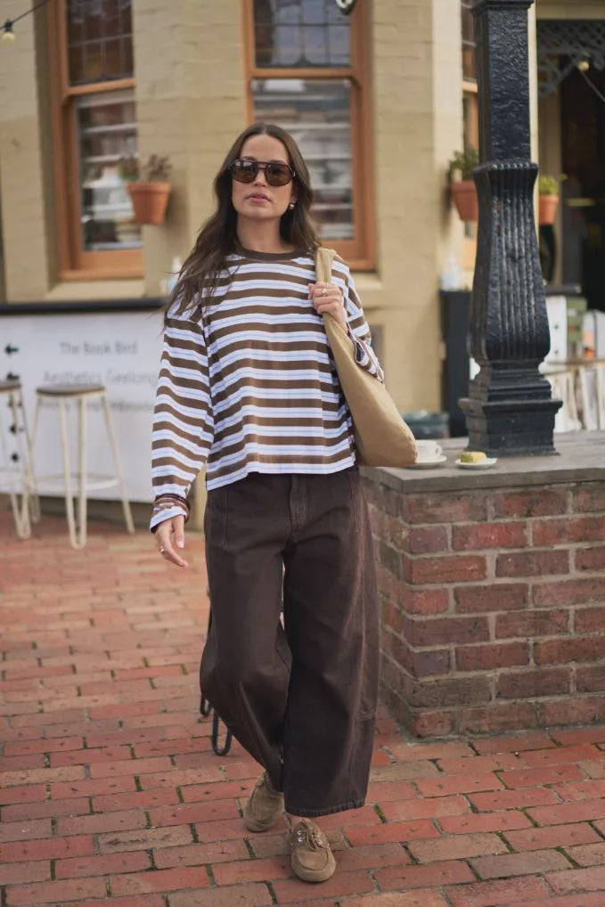 Beau Long Sleeve Slouchy Tee Cocoa & Sky Blue stripe