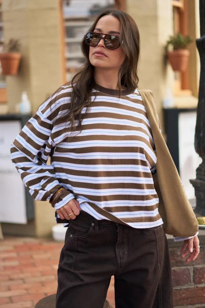 Beau Long Sleeve Slouchy Tee Cocoa & Sky Blue stripe