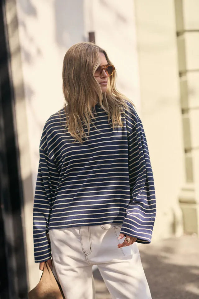 Beau Long Sleeve Slouchy Tee Navy & Marshmellow