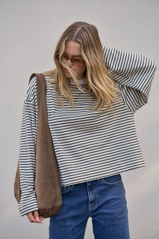 Beau Long Sleeve Slouchy Tee Navy, Butter, Stone
