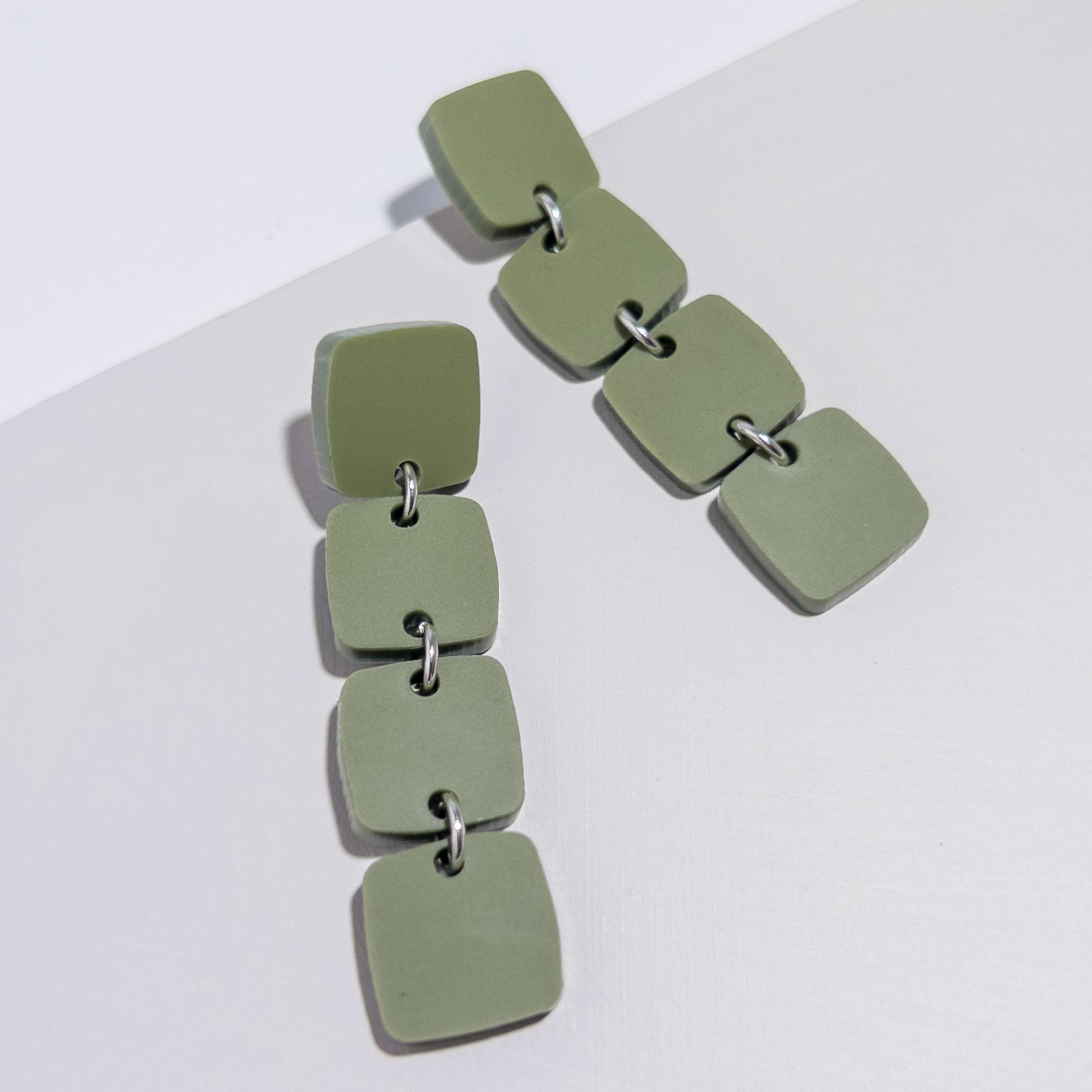 Four Squared Long Drop Dangle Earrings - Olive Green - Gateway Gifts