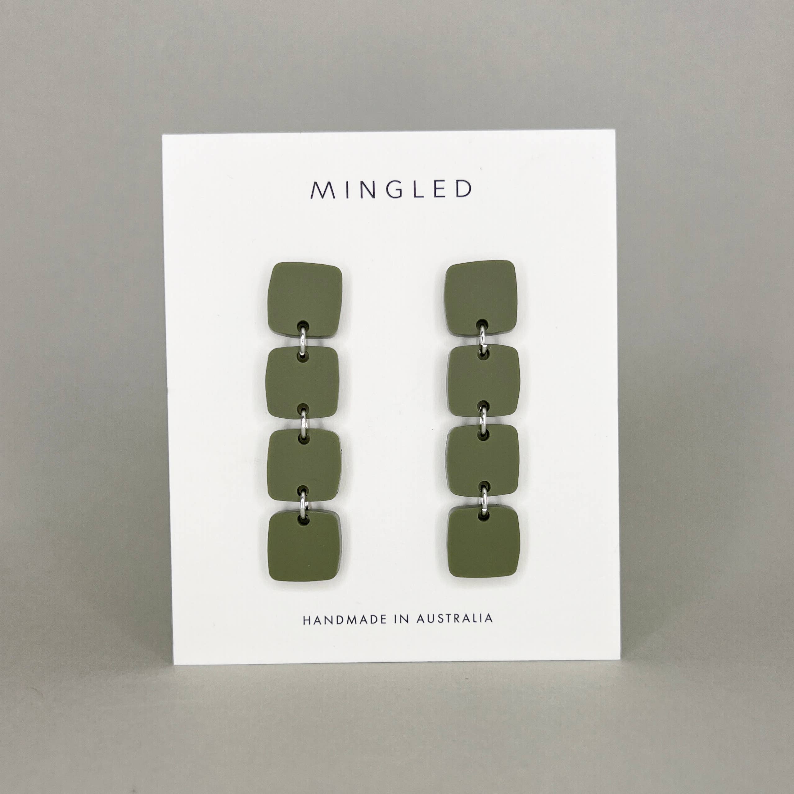 Four Squared Long Drop Dangle Earrings - Olive Green - Gateway Gifts
