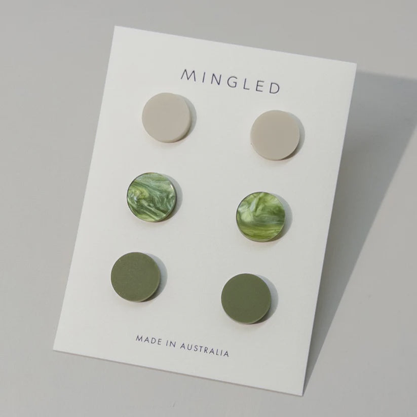 Set of 3 Studs - 15mm Round - Ivory, Moss, Olive Green - Gateway Gifts