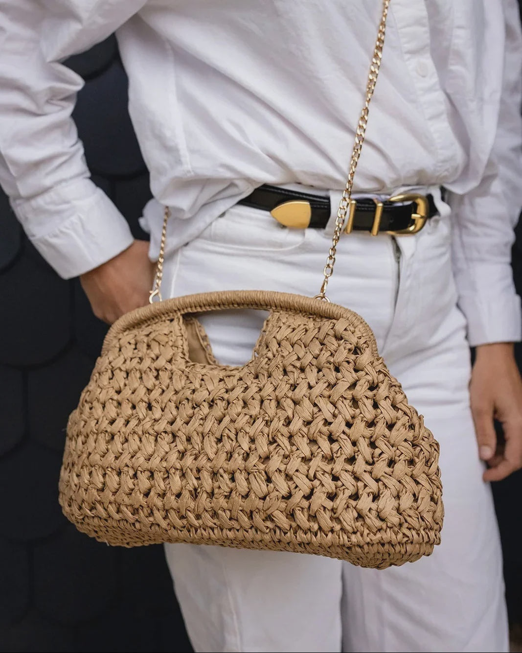 Pippa Raffia Clutch With Gold Chain