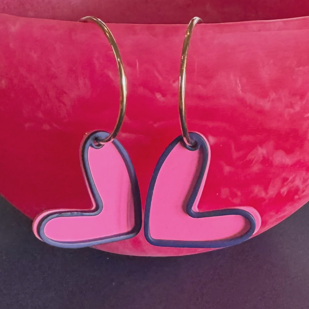 Gold Hoops With Pink Heart Dangles