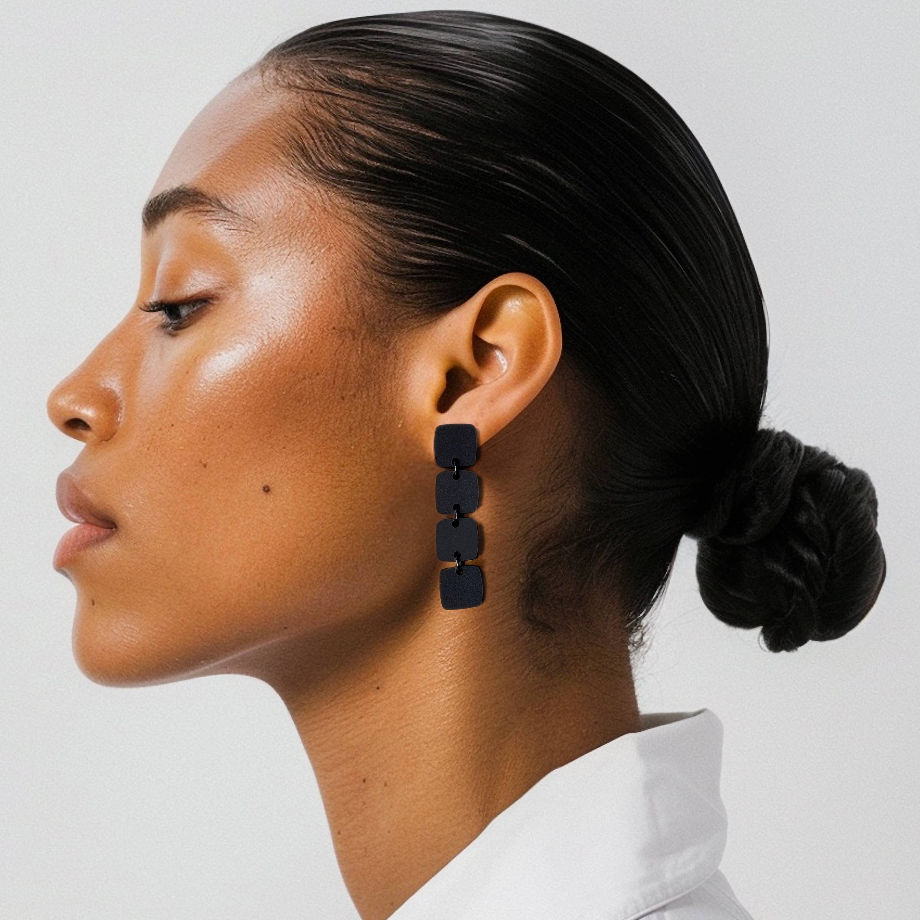 Four Squared Long Drop Dangle Earrings - Matte Black - Gateway Gifts