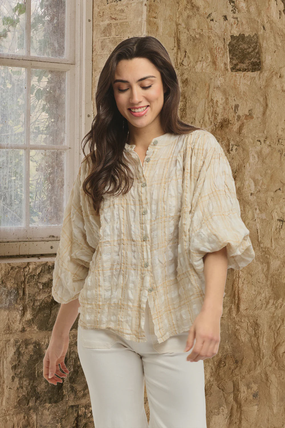 Freida Check Shirt Beige - Gateway Gifts