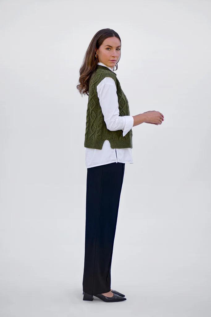 Cable Button Vest Khaki