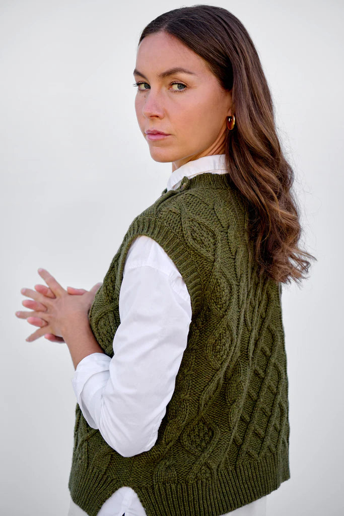 Cable Button Vest Khaki