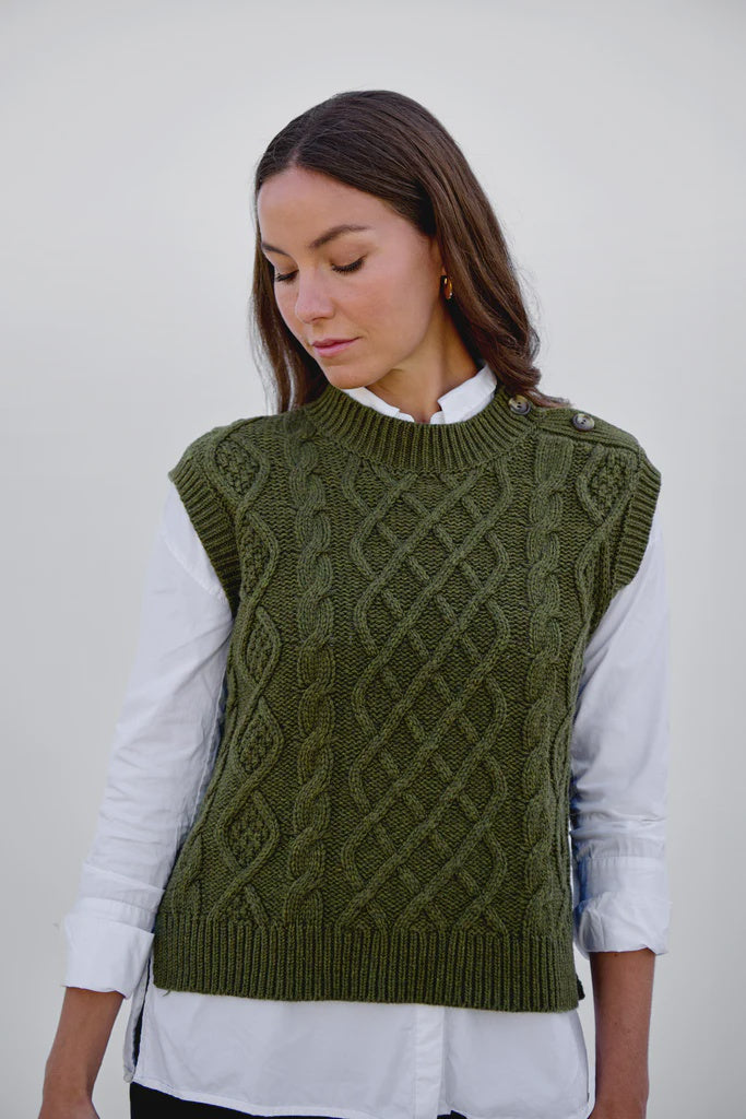 Cable Button Vest Khaki