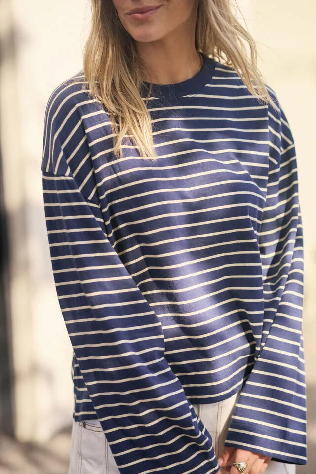 Beau Long Sleeve Slouchy Tee Navy & Marshmellow