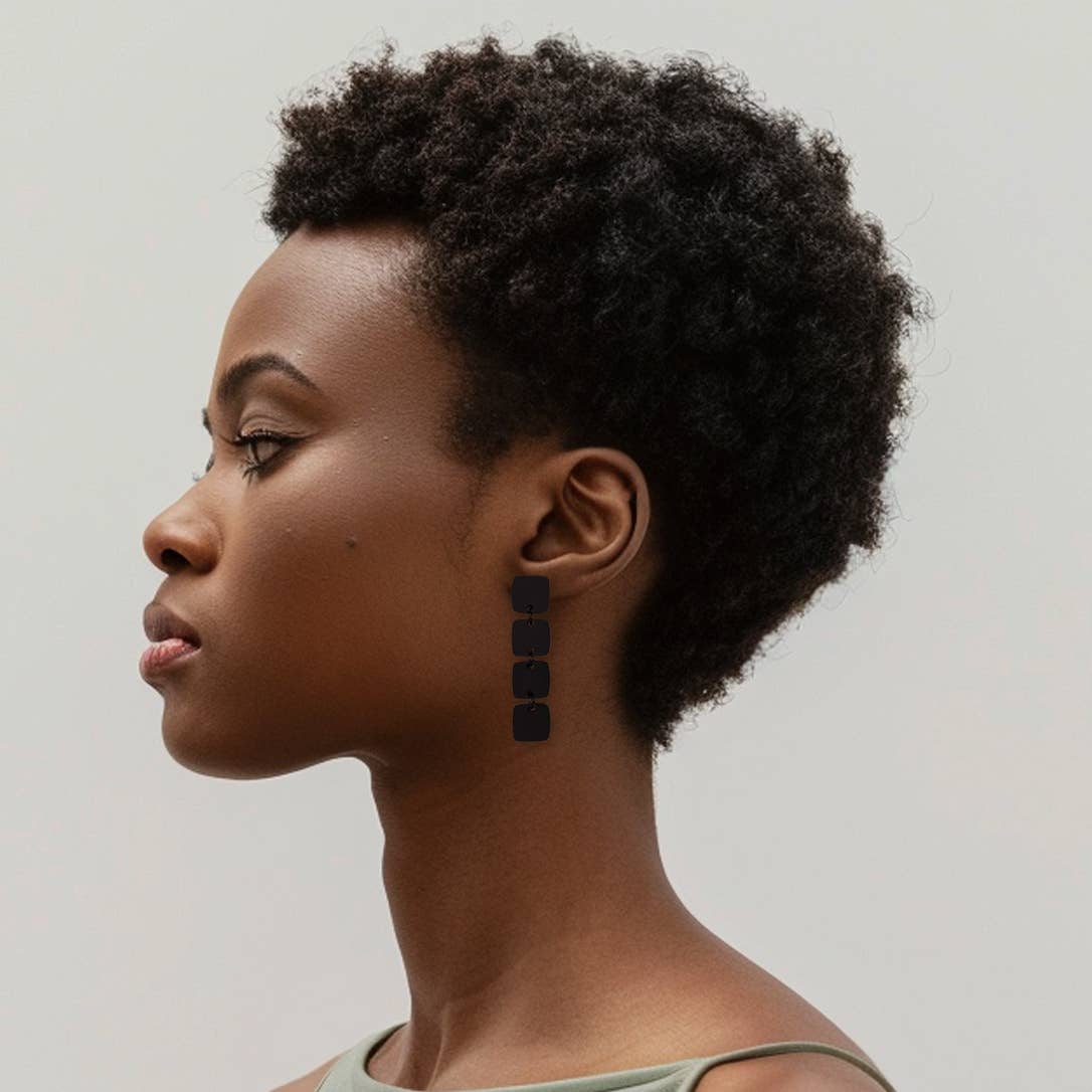 Four Squared Long Drop Dangle Earrings - Matte Black - Gateway Gifts
