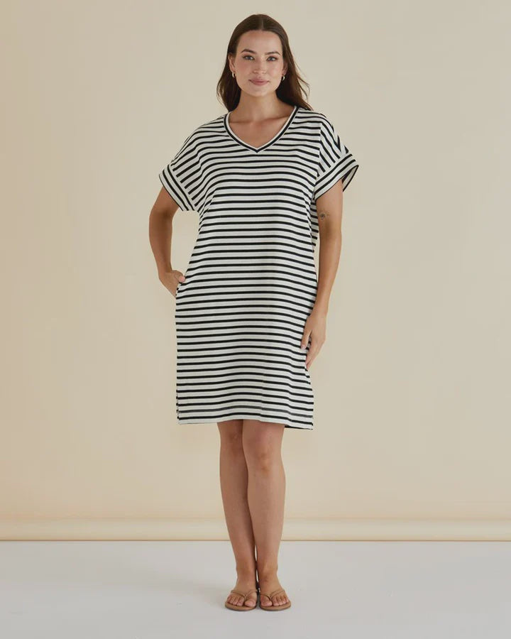 Elise V-Neck Rib Dress - White/Black Stripe