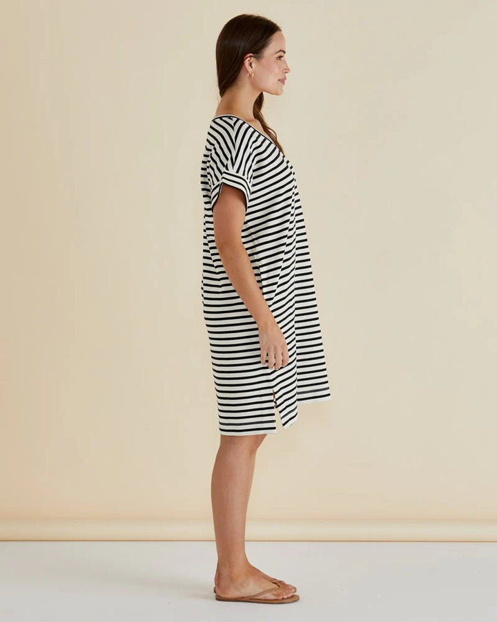 Elise V-Neck Rib Dress - White/Black Stripe