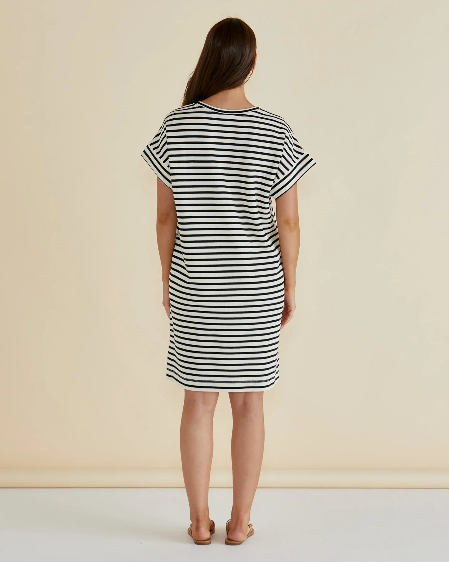 Elise V-Neck Rib Dress - White/Black Stripe