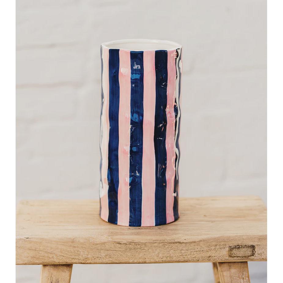 Navy &Pink Striped Large Vase