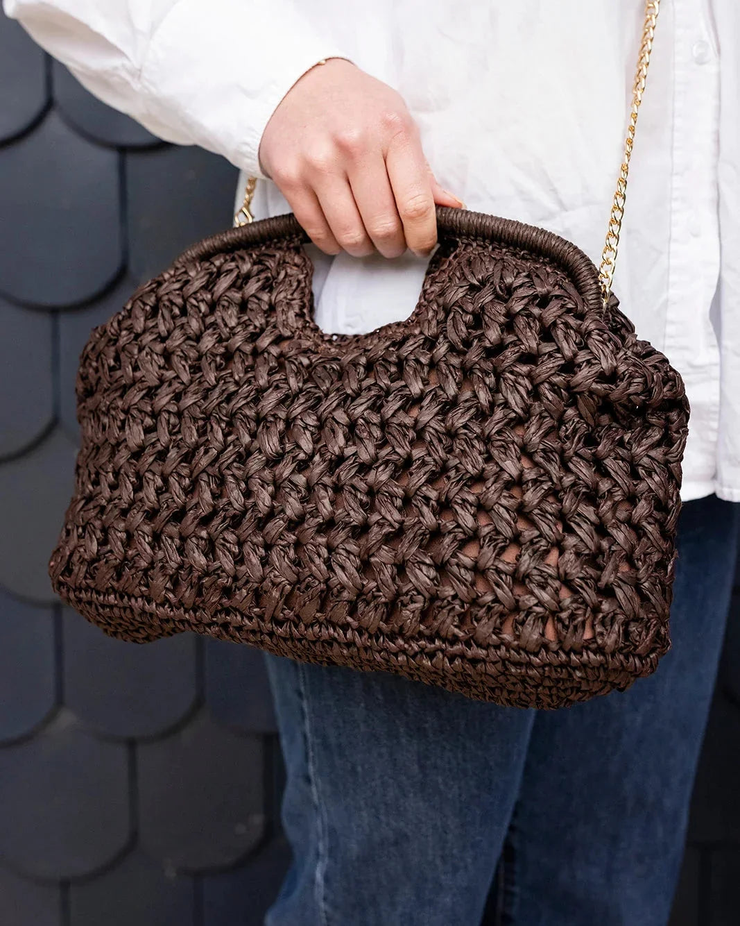Pippa Raffia Clutch With Gold Chain