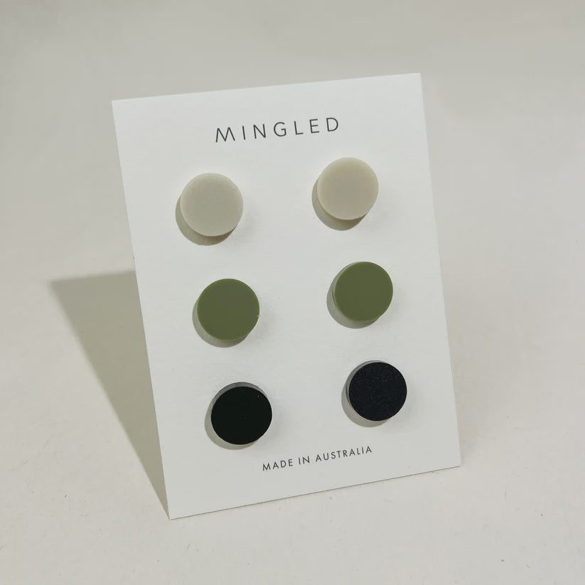 Set of 3 Studs - 15mm Round - Matte Ivory Beige / Matte Olive Green / Matte Black - Gateway Gifts