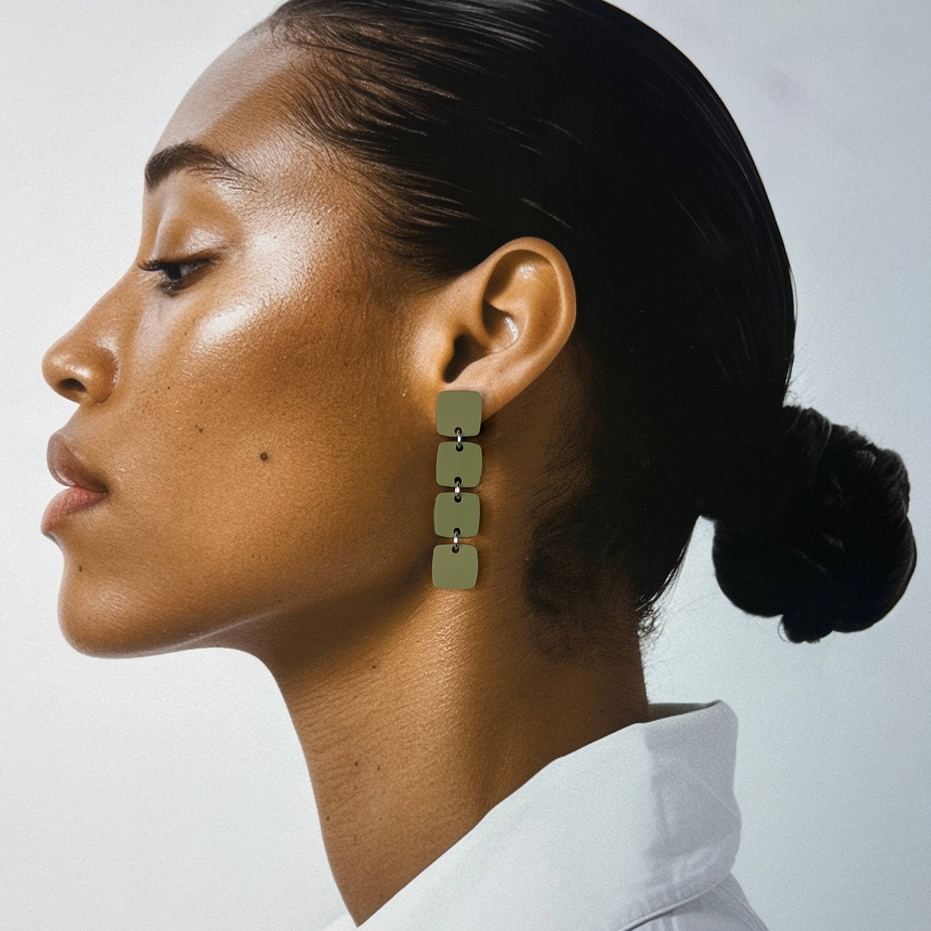 Four Squared Long Drop Dangle Earrings - Olive Green - Gateway Gifts