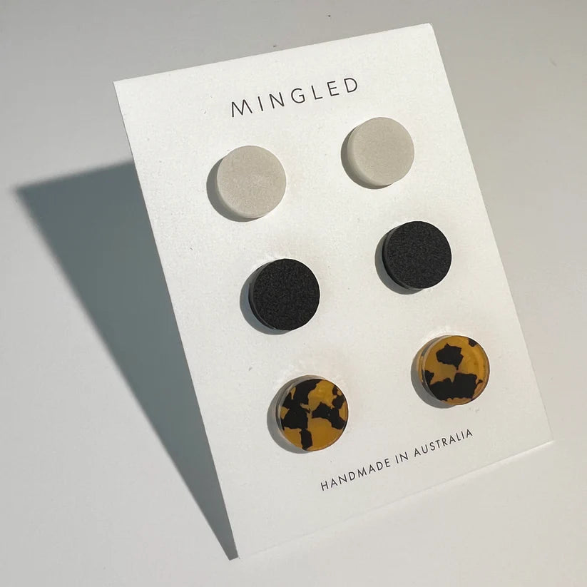 Set of 3 Studs - 15mm Round - Matte Ivory Beige / Matte Black / Tortoise Shell - Gateway Gifts