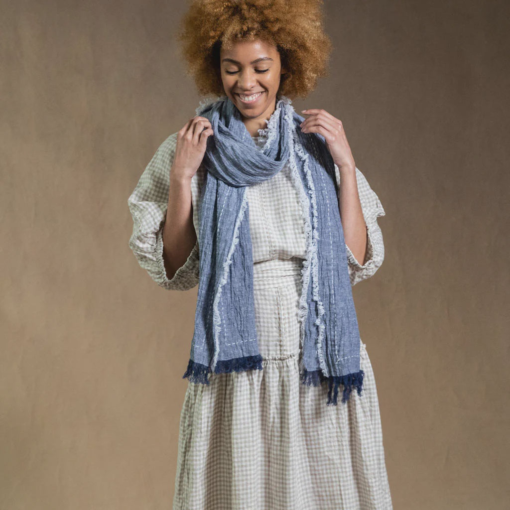 Hand Embroidered Linen Scarf Denim